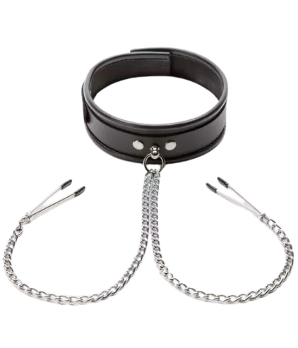 DOMINIX Deluxe Leather Collar with Nipple Clamp